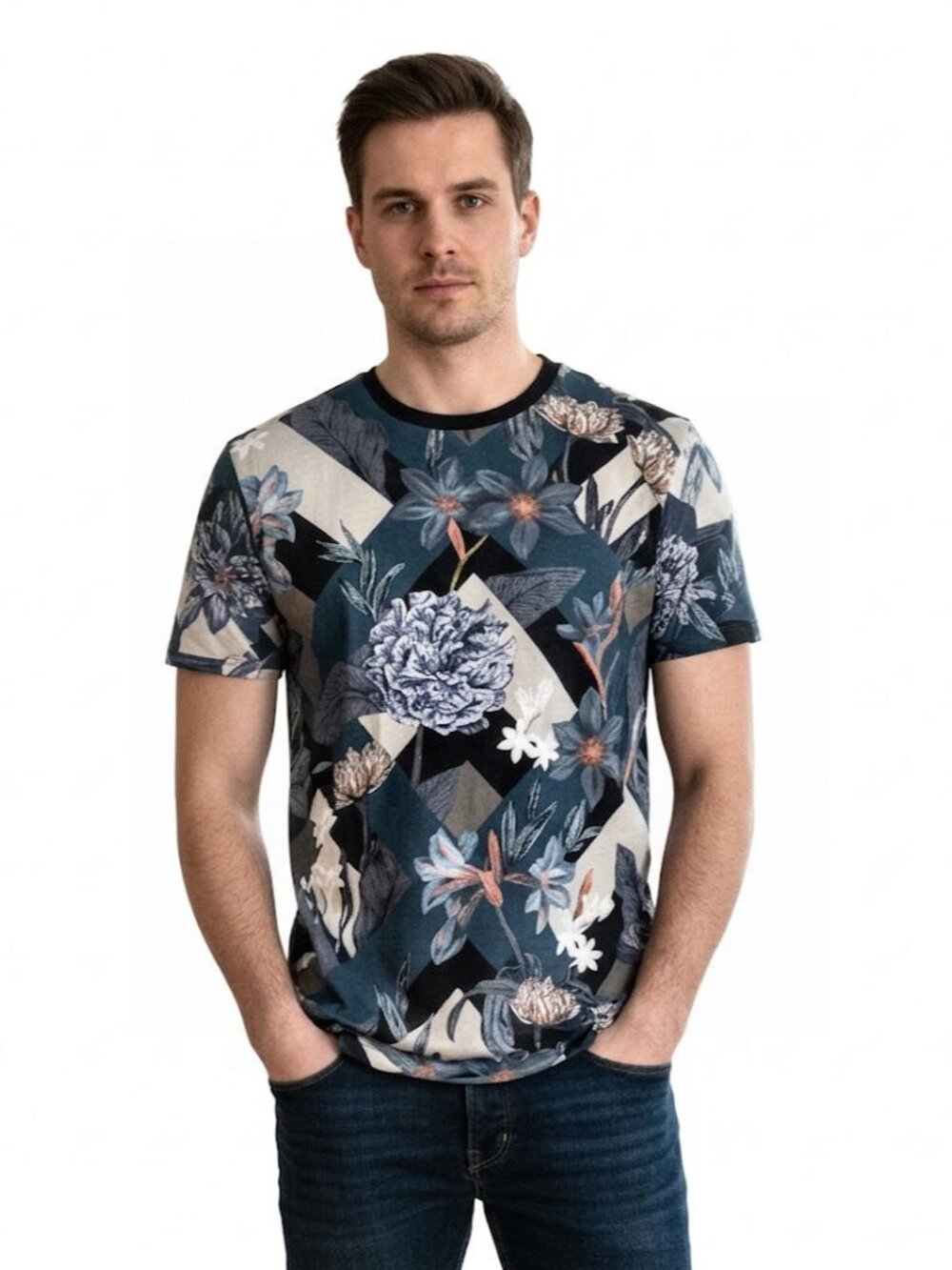 Ted Baker Men's Jolly T-Shirt, Navy Floral Print Cotton , Ted Size 3 / 38 / M